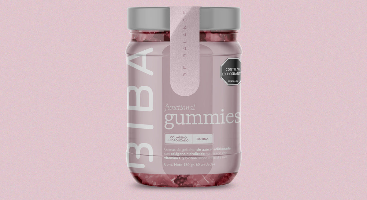 Alimentos ricos en biotina y gomitas Beauty con biotina y colágeno BIBA Well para fortalecer cabello, piel y uñas